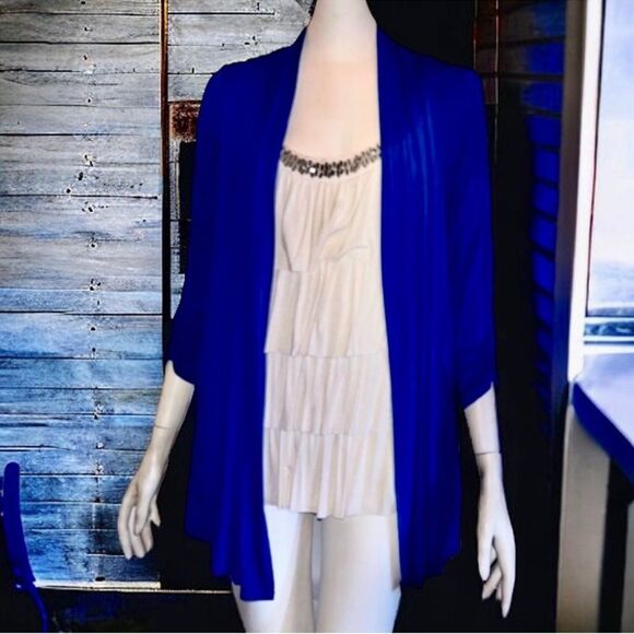 AB Studio (Kohl’s) Top Royal Blue Ivory Ruffled Beaded Neckline Cami Cardi S - Picture 3 of 16